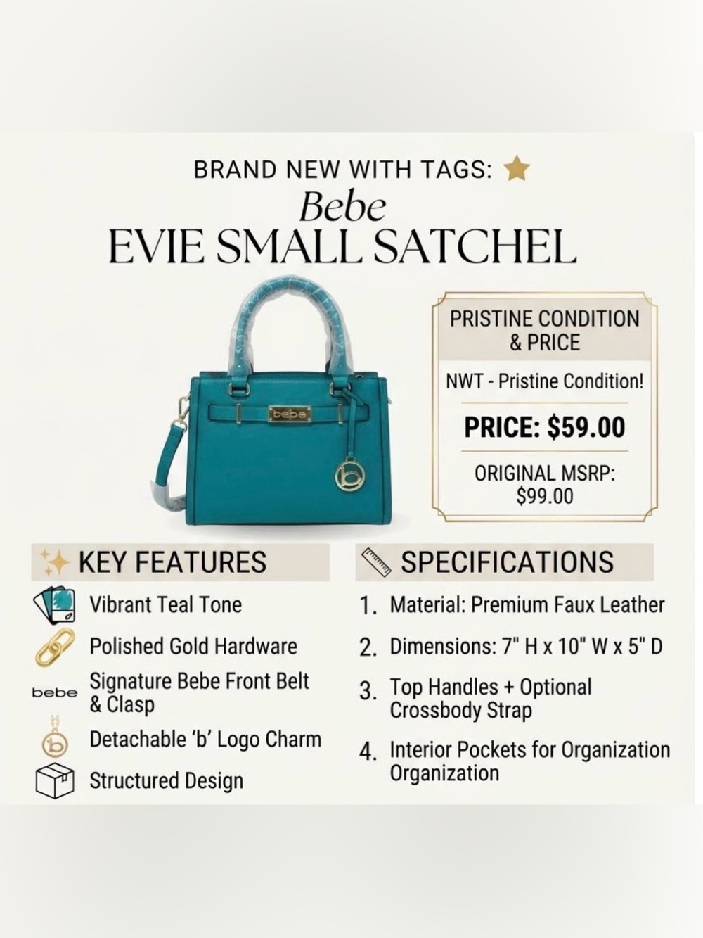 bebe Teal Evie Small Satchel with Gold Accents MSRP $99